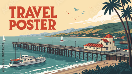 Vibrant travel poster of a scenic coastal pier with a large boat palm trees and a mountainous background under a sunny sky with birds flying overhead