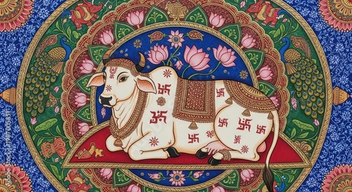 Sacred Cow adorned with auspicious symbols in vibrant Indian folk art style.