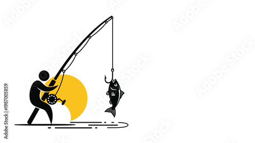 Simple silhouette of a man fishing with a rod and reel catches a large fish against a bright yellow setting sun on the horizon.