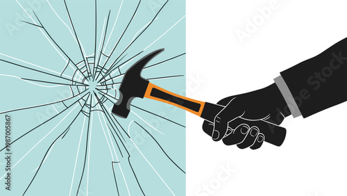 Silhouette of a hand swinging a hammer to smash and break a glass window pane creating a large network of sharp radial cracks.