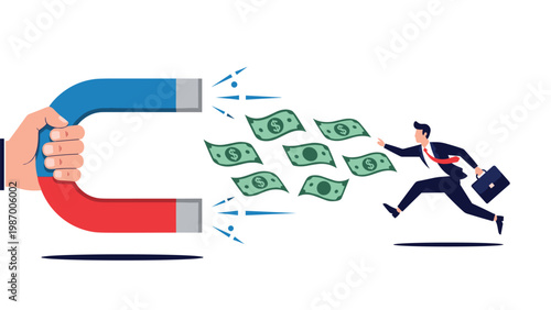 Large hand using a powerful horseshoe magnet to attract flying dollar bills while a businessman chases them with a briefcase.