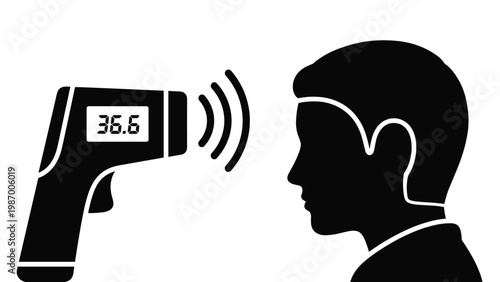 Black silhouette of an infrared non contact thermometer measuring the body temperature of a man forehead showing a healthy reading.