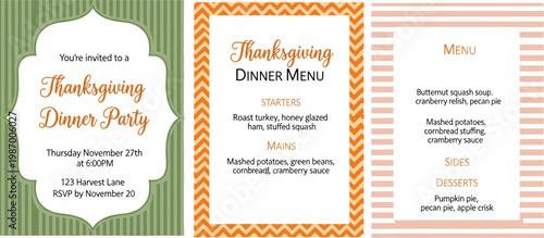 A collage displays three festive invitations a thanksgiving party invite a dinner menu and a striped design high quality professional detailed modern elegant