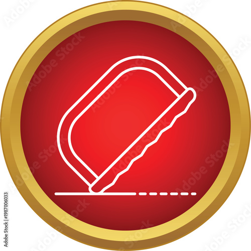Hacksaw tool icon cutting a dashed line on a red and gold button style background