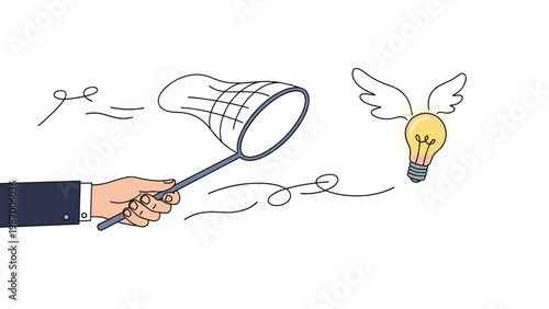 Creative concept showing a person hand using a butterfly net to catch a winged glowing light bulb representing a new idea.