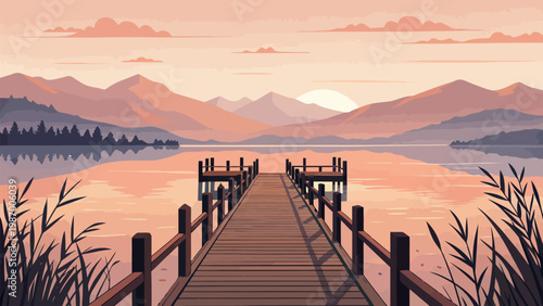 Serene wooden pier extends into calm lake at sunset with distant mountains and tranquil atmosphere