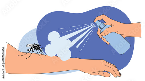 Person spraying insecticide repellent from a blue bottle onto their arm to protect from a mosquito bite against a blue background.