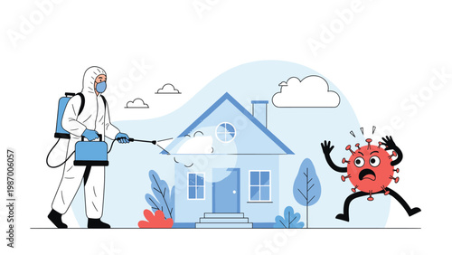 Professional in a white hazmat suit sprays disinfectant on a residential house to drive away a large red coronavirus character.