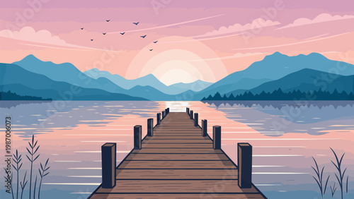 Serene wooden pier extends into calm lake at sunset with distant mountains and pink sky