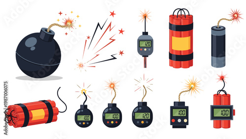Collection of explosive bomb icons including round black bombs and red dynamite sticks with timers and lit fuses.