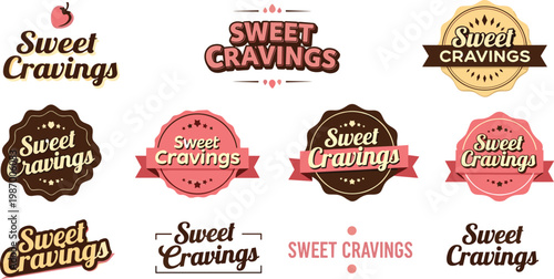 A collection of vintage style sweet cravings logos featuring ribbons badges and a small apple illustration high quality professional detailed modern elegant stylish