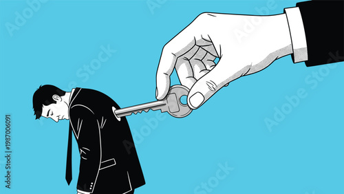 Large hand winding up a tired businessman with a metal key in his back like a clockwork mechanical toy for corporate control.