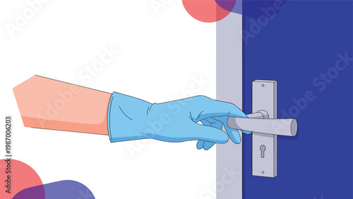 Hand wearing a blue medical glove reaching for and turning a metal door handle for hygiene and virus prevention.