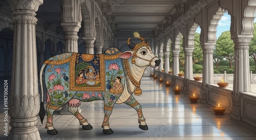 Sacred Cow adorned with intricate religious artwork walks through a grand temple corridor.