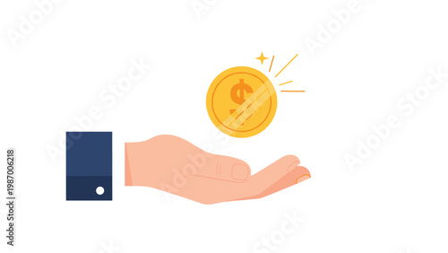 Hand reaching out to catch or receive a floating gold dollar coin with sparkles for wealth and financial success.