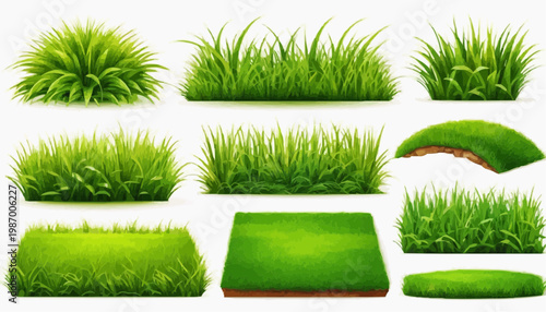 Lush green grass patches vector set, isolated on white background.
 