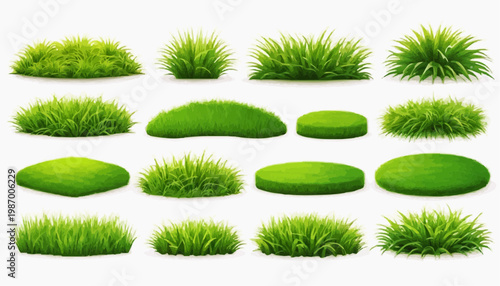 Lush green grass patches vector set, isolated on white background.
 