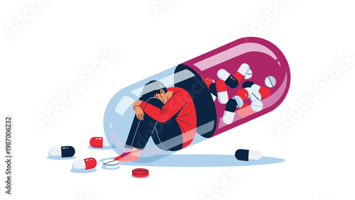 Person sitting in fetal position inside a large medicine capsule filled with various pills and tablets for health.