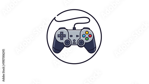 Modern video game controller icon inside a thin black circle with buttons in multiple colors for entertainment.