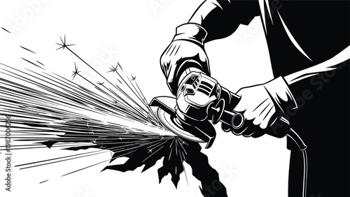 Black and white silhouette of a worker using a power angle grinder with sparks flying in many directions for work.
