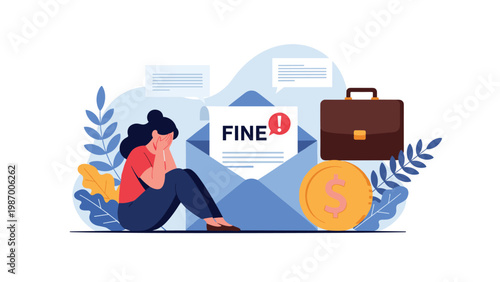 Sad woman sitting on the floor next to a large envelope and a notice that says FINE with a red exclamation mark.