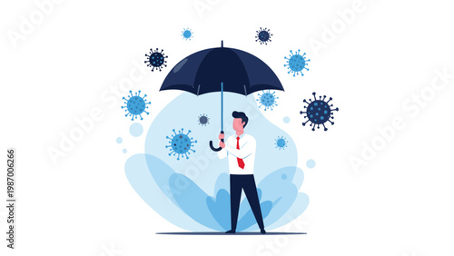 Businessman holding a black umbrella to protect himself from a shower of floating virus molecules for safety.
