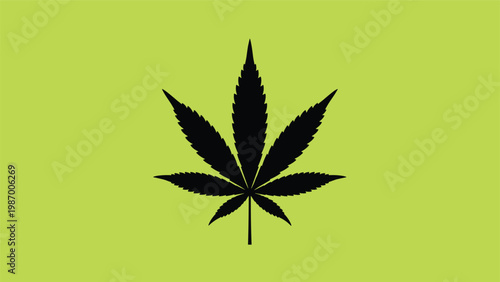 Black silhouette of a cannabis or marijuana leaf centered on a solid bright green background for medical use.