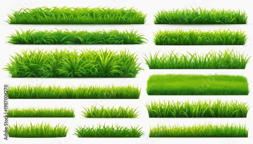 Lush green grass patches vector set, isolated on white background.
 