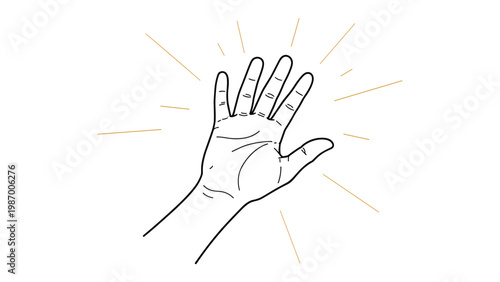 Simple black and white line drawing of an open palm hand with thin rays of light behind it for peace or greeting.