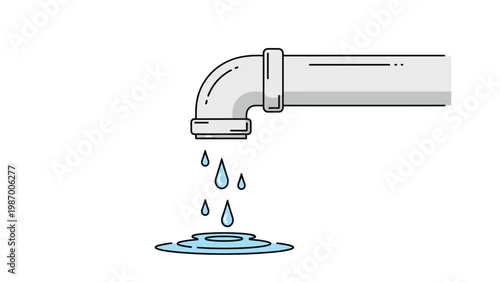 Metal pipe with a bend dripping blue water droplets into a small puddle on the ground showing a plumbing leak.