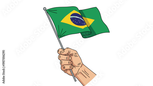 Hand holding the national flag of Brazil waving on a pole against a white background for patriotic celebrations.