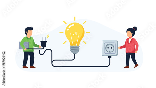 Man and woman collaborate to connect a power plug to a socket through a giant glowing lightbulb to represent creative teamwork.