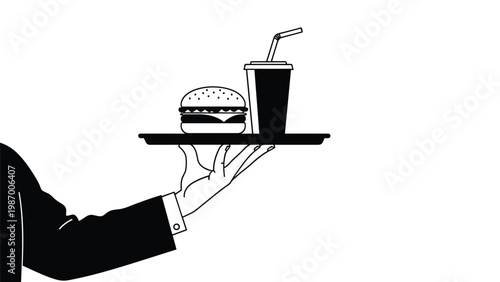 Waiter in a formal black suit holds a black tray with a delicious hamburger and a soft drink with a straw for customer service.
