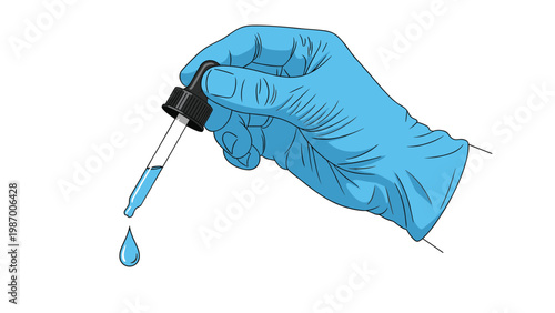 Human hand wearing a blue sterile medical glove holds a glass dropper with a single drop of blue liquid for scientific testing.