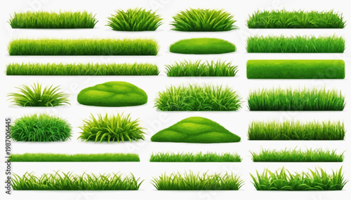 Lush green grass patches vector set, isolated on white background.
 