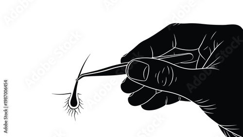 Strong silhouette of a hand using fine tweezers to pull a single hair follicle from the skin to represent grooming and hair removal.