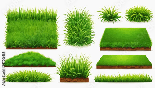 Lush green grass patches vector set, isolated on white background.
 