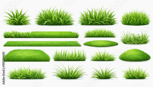 Lush green grass patches vector set, isolated on white background.
 