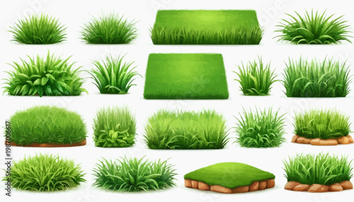 Lush green grass patches vector set, isolated on white background.
 