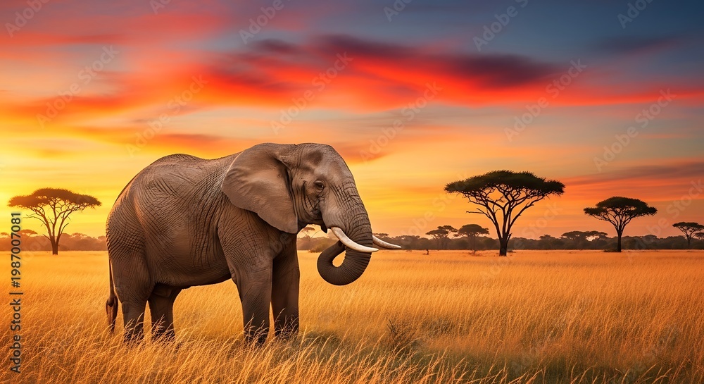 Fototapeta premium Majestic African elephant stands in a golden field beneath a vibrant sunset sky