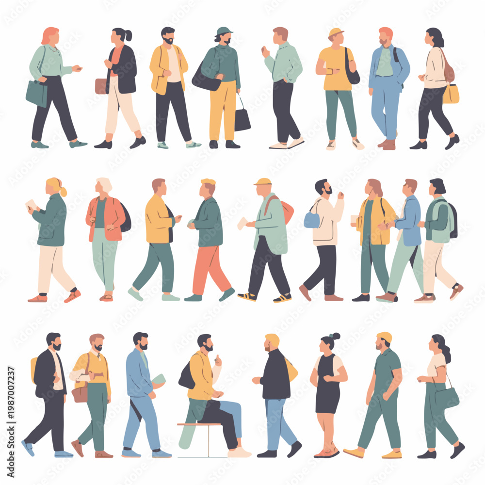 Fototapeta premium Flat People Walking Collection – Casual Men and Women Characters in Different Poses