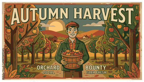 Vintage autumn harvest orchard scene with farmer.