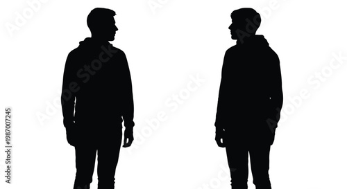 Two men standing facing each other in black silhouettes on white background