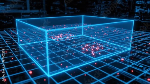 Wallpaper Mural A futuristic neon-lit grid displays a 3D cube with glowing particles floating inside and around it. Torontodigital.ca