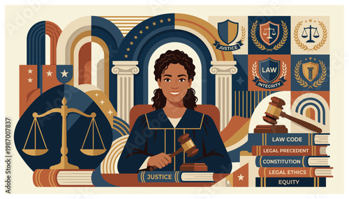Illustration of a female lawyer in a courtroom with legal symbols.