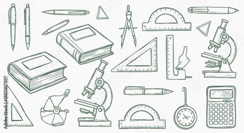 Educational Tools and Science Equipment Hand-Drawn Sketch Collection.