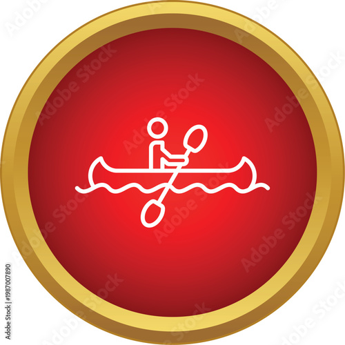 Outline person propelling a canoe through water, set in a red circle