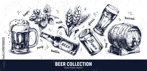 Rustic handdrawn beer with traditional elements. Monochrome sketch portraying cozy pub beer setting. Detailed ink drawing of nostalgic pub scene with beer and associated items