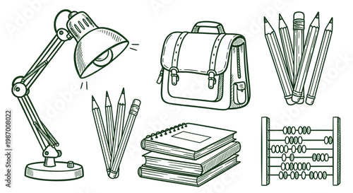 Hand drawn sketch of school and office supplies collection.
