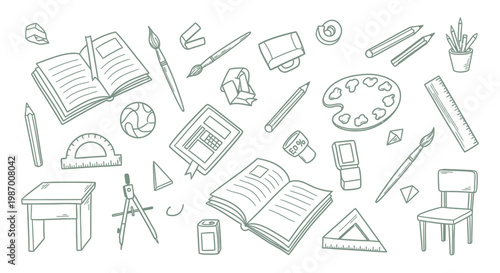 Hand-drawn school supplies and stationery items scattered across a white background.